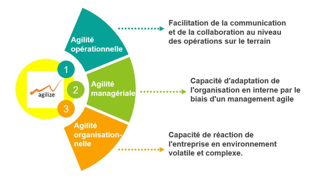 agilité des organisations selon Agilize : agilité opérationnelle (collaboration agile), agilité manageriale (management agile), agilité organisationnelle (agilité au changement)