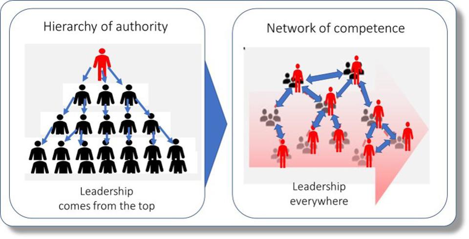 schéma représentant le management agile comme une mise en réseau de compétences, versus une hiérarchie d’autorité.