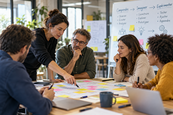 Une équipe est réunie autour d'une table dans une entreprise, pour un atelier de design organisationnel