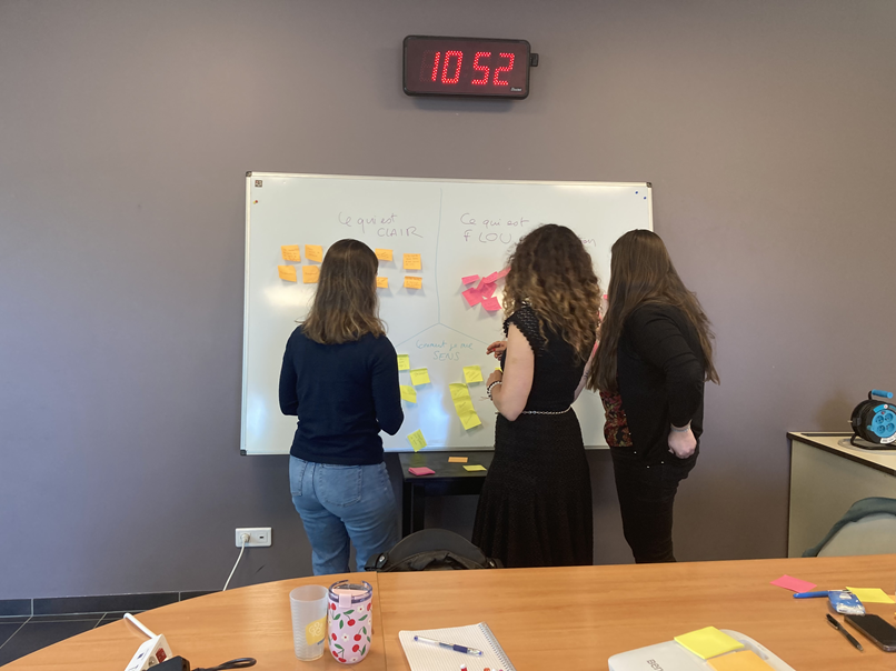 Participantes à un atelier collaboratif Agilize partageant leurs réflexions sur des post-it.